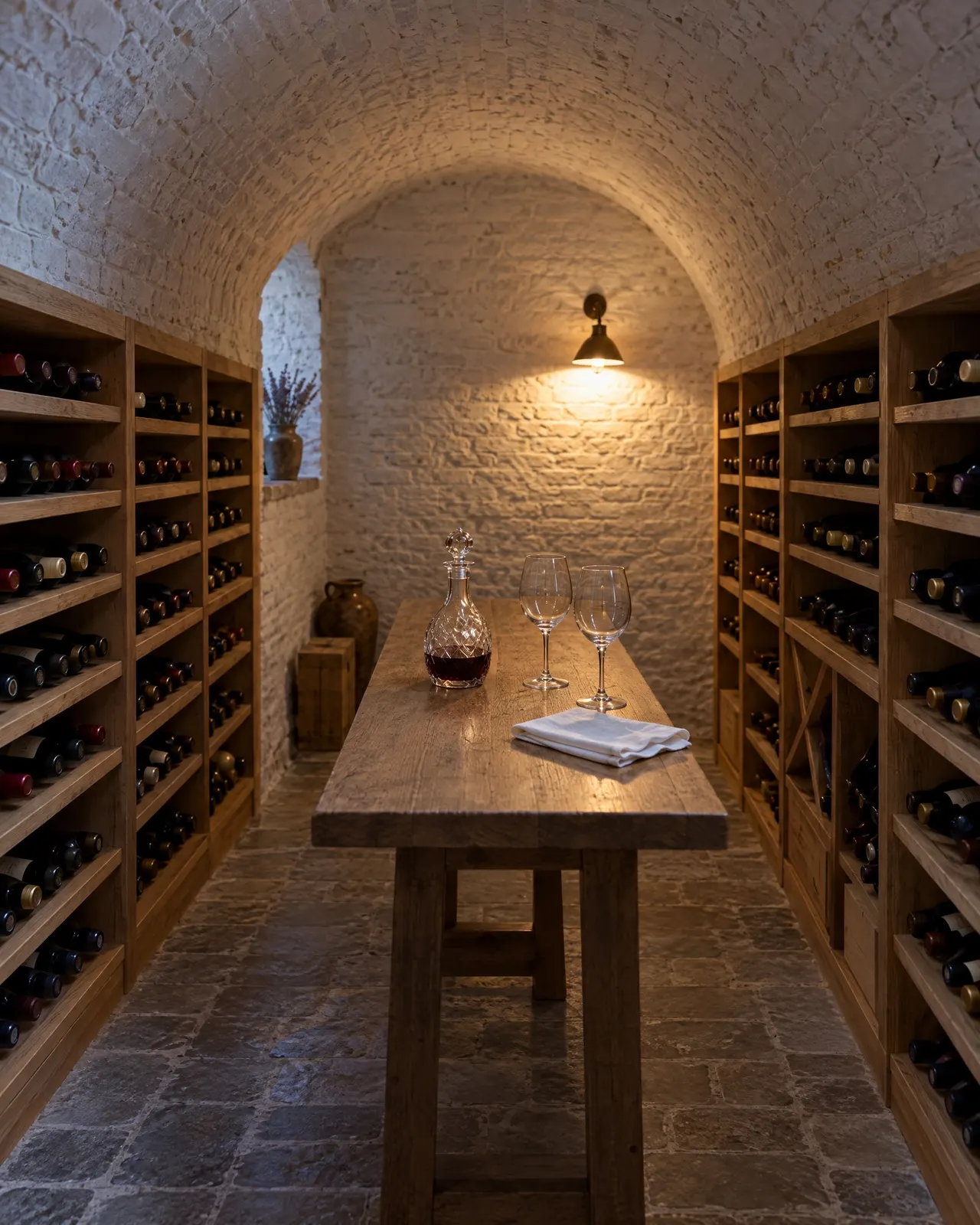 La cave voûtée de la villa : casiers de chêne remplis de bouteilles couchées, table de dégustation avec une carafe et deux verres