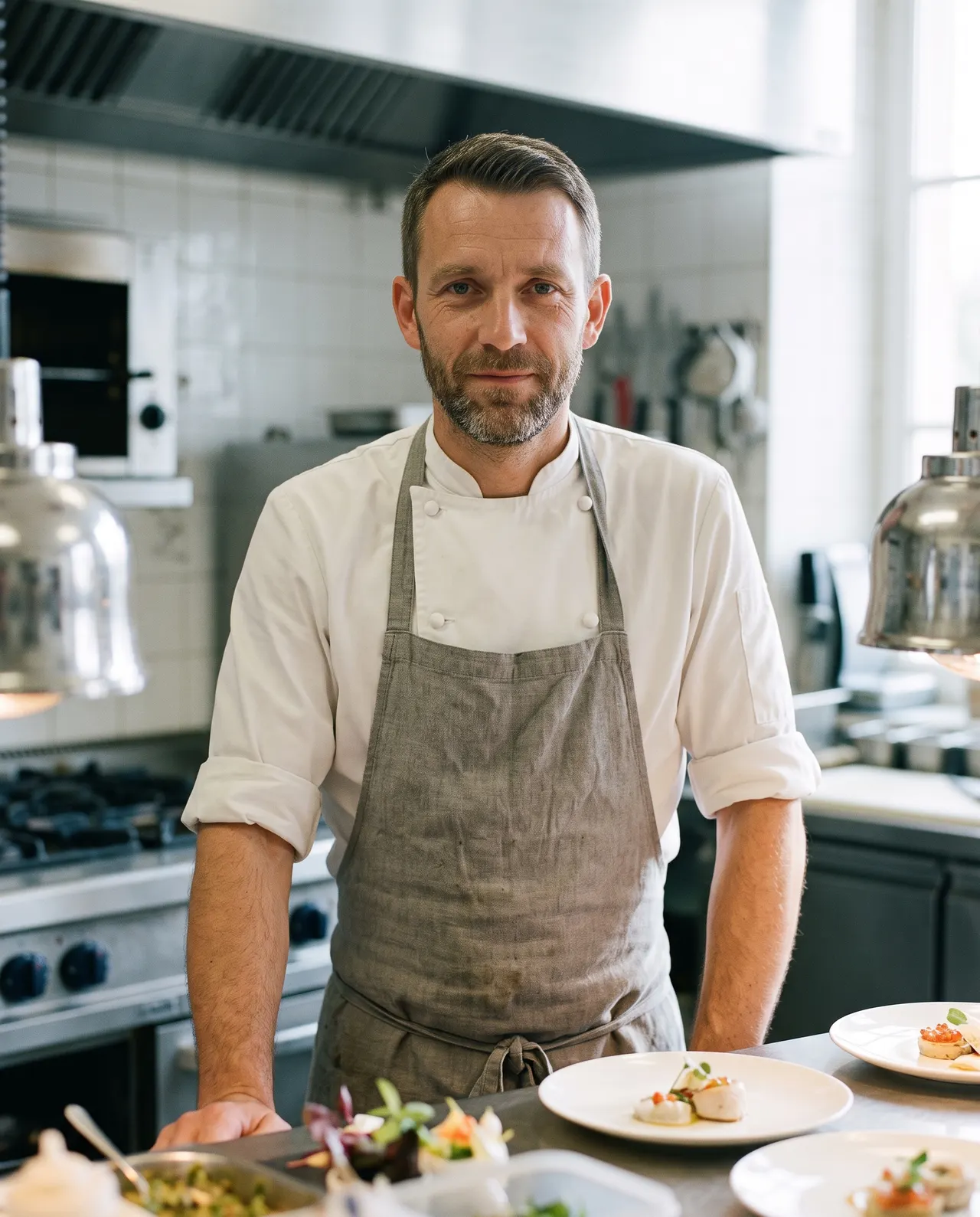 Clément Hochart, chef du Clos Marin, en veste blanche au passe de la cuisine