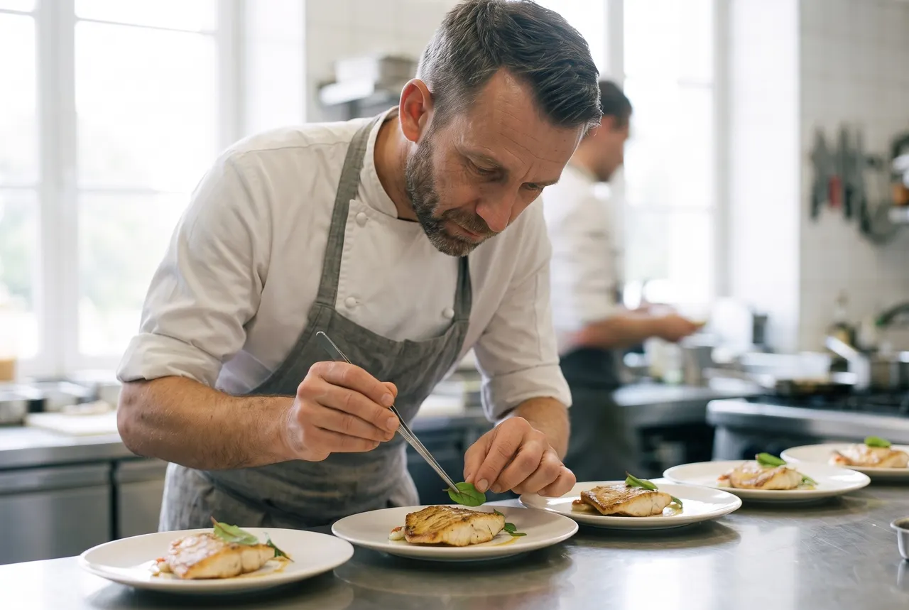 Clément Hochart dresse des assiettes de turbot à la pince au passe de la cuisine, une feuille d'oseille sur chaque filet
