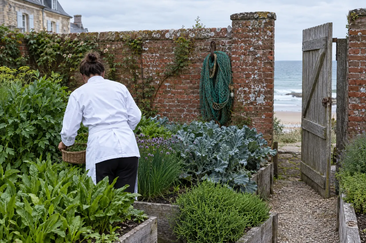 Le jardin muré derrière la villa : plates-bandes d'oseille, de livèche, de ciboulette et de chou marin, filet de pêche suspendu au mur, porte ouverte sur la plage