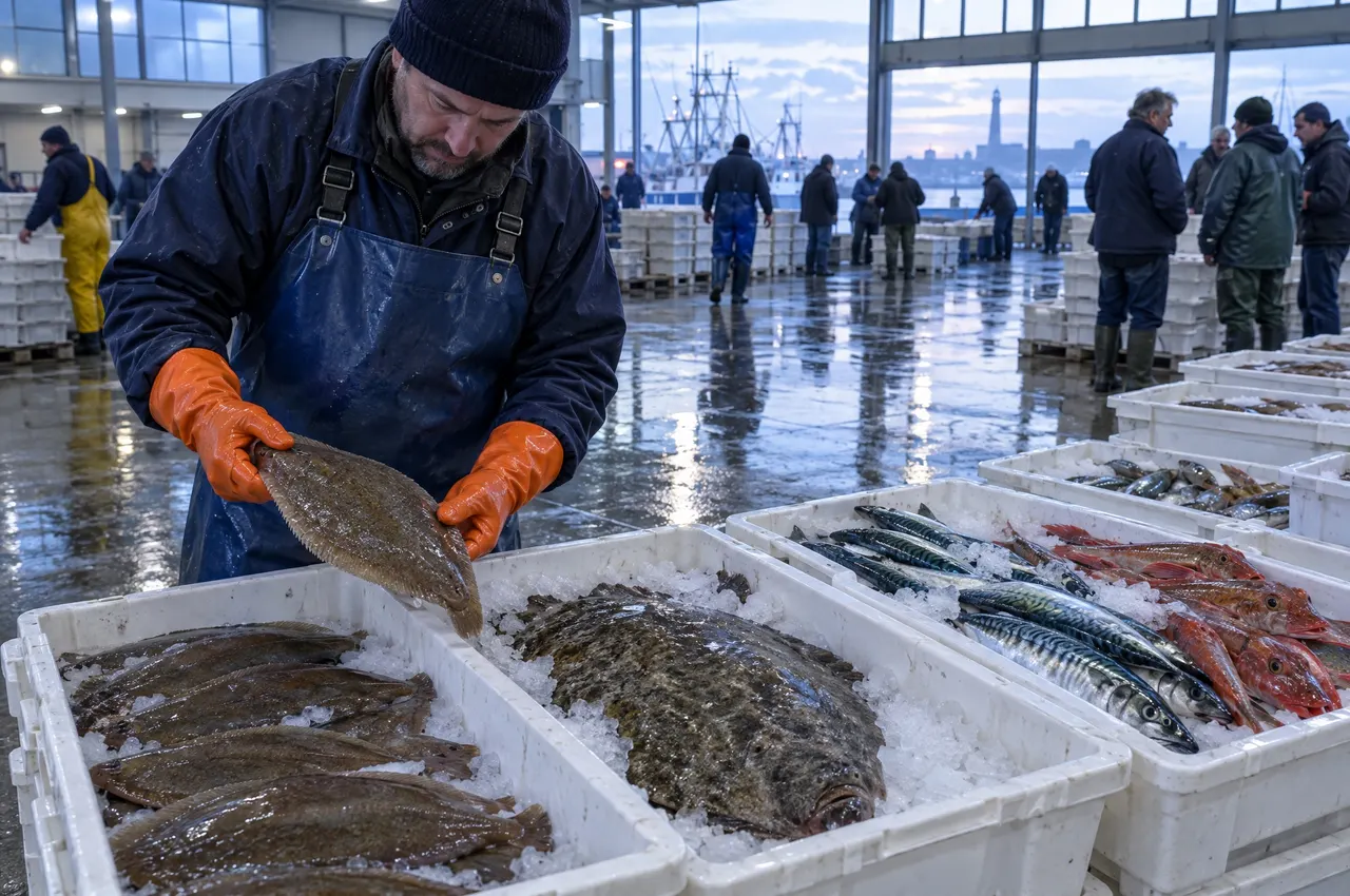 Caisses de soles, de turbot, de maquereaux et de grondins sur la glace, à la criée de Boulogne-sur-Mer au petit matin