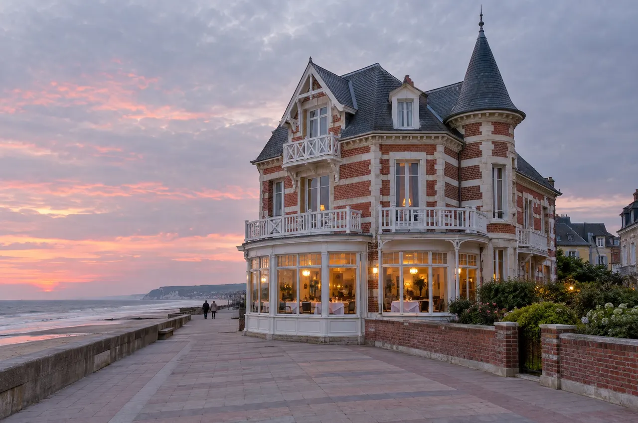 La villa de 1904 du Clos Marin sur la digue de Wimereux au crépuscule, bow-window éclairé au rez-de-chaussée