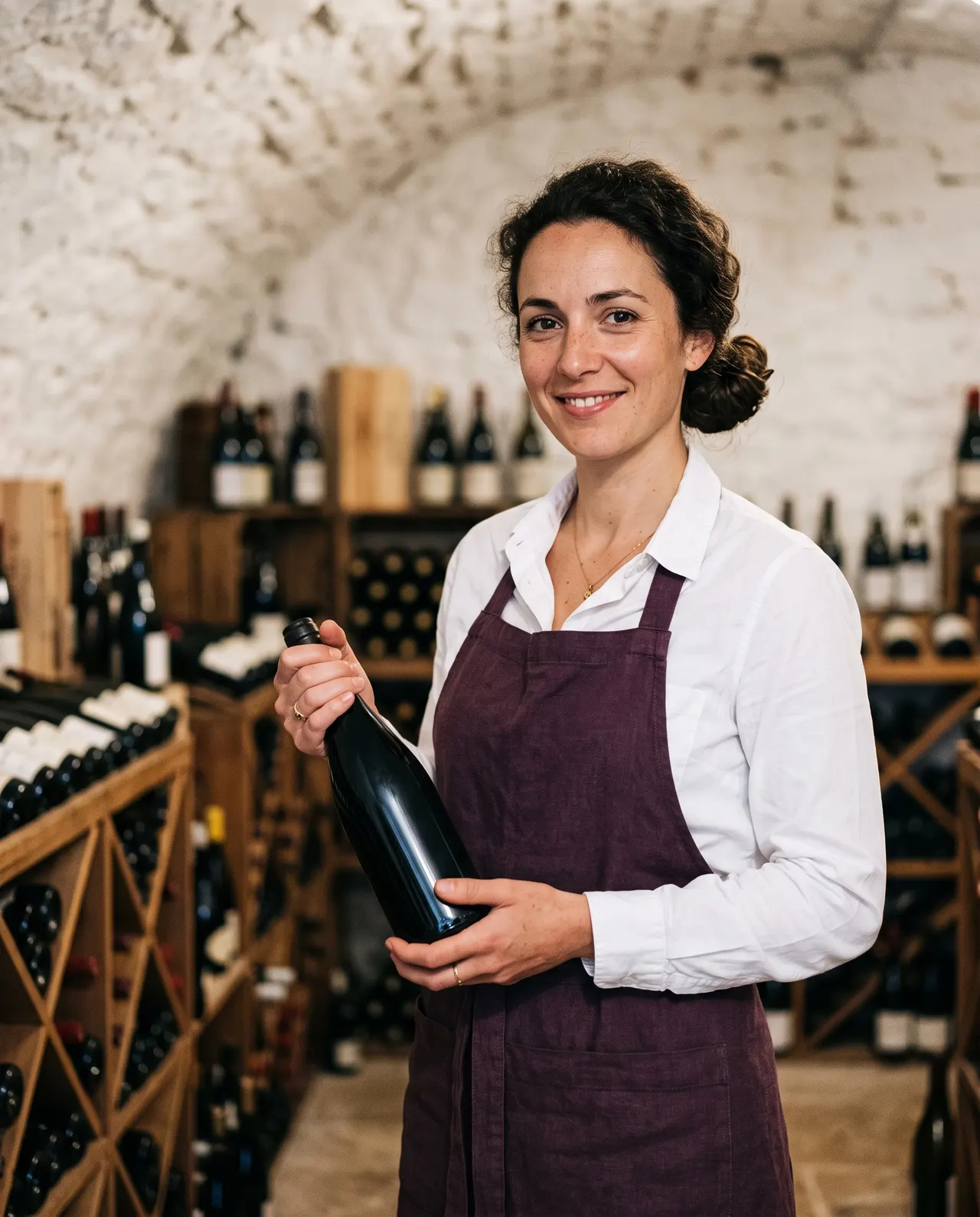 Inès Caron, sommelière, dans la cave voûtée de la villa