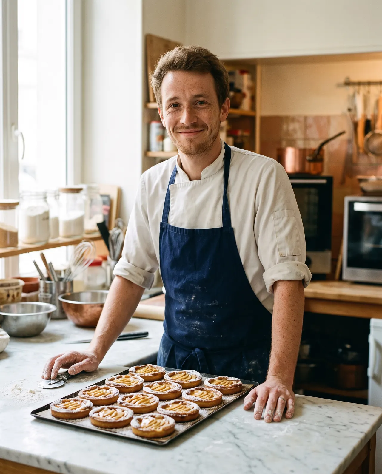 Lucas Ringot, chef pâtissier, devant un plateau de tartes aux pommes
