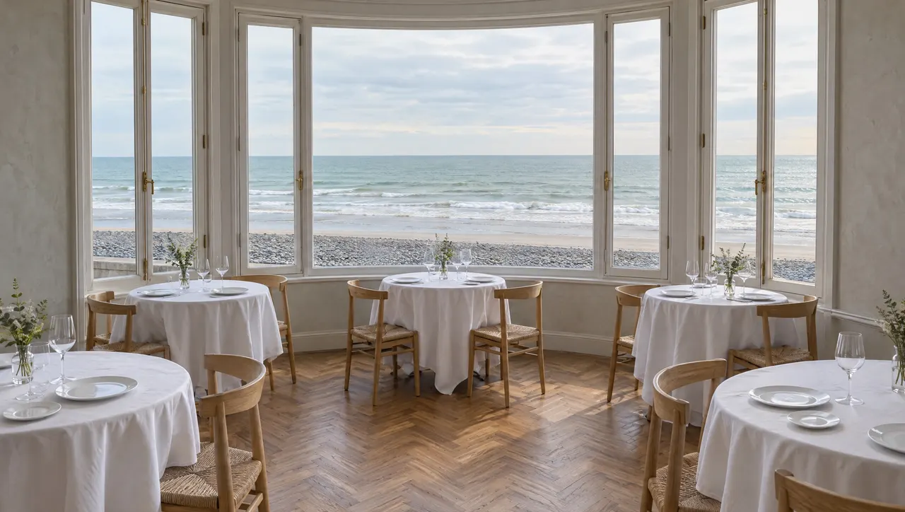 La salle du Clos Marin à marée montante : tables nappées de blanc devant les fenêtres ouvertes sur la plage de galets et la Manche