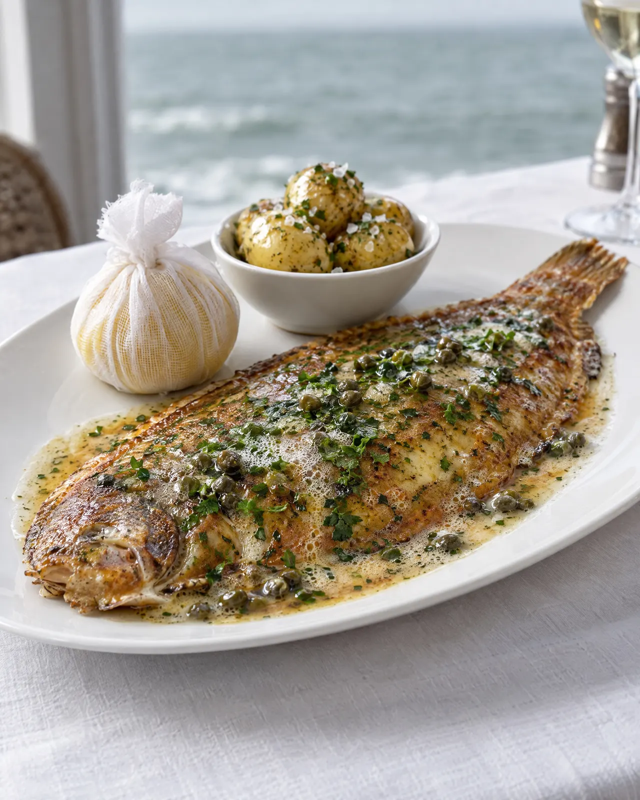 Sole meunière entière dans un plat de porcelaine blanche, beurre noisette aux câpres, pommes de terre grenaille et citron dans une mousseline