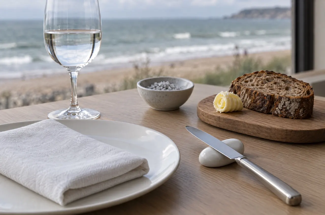 Couvert dressé face à la mer : assiette de porcelaine, serviette de lin, couteau posé sur un porte-couteau en porcelaine en forme de galet, pain au levain et beurre demi-sel