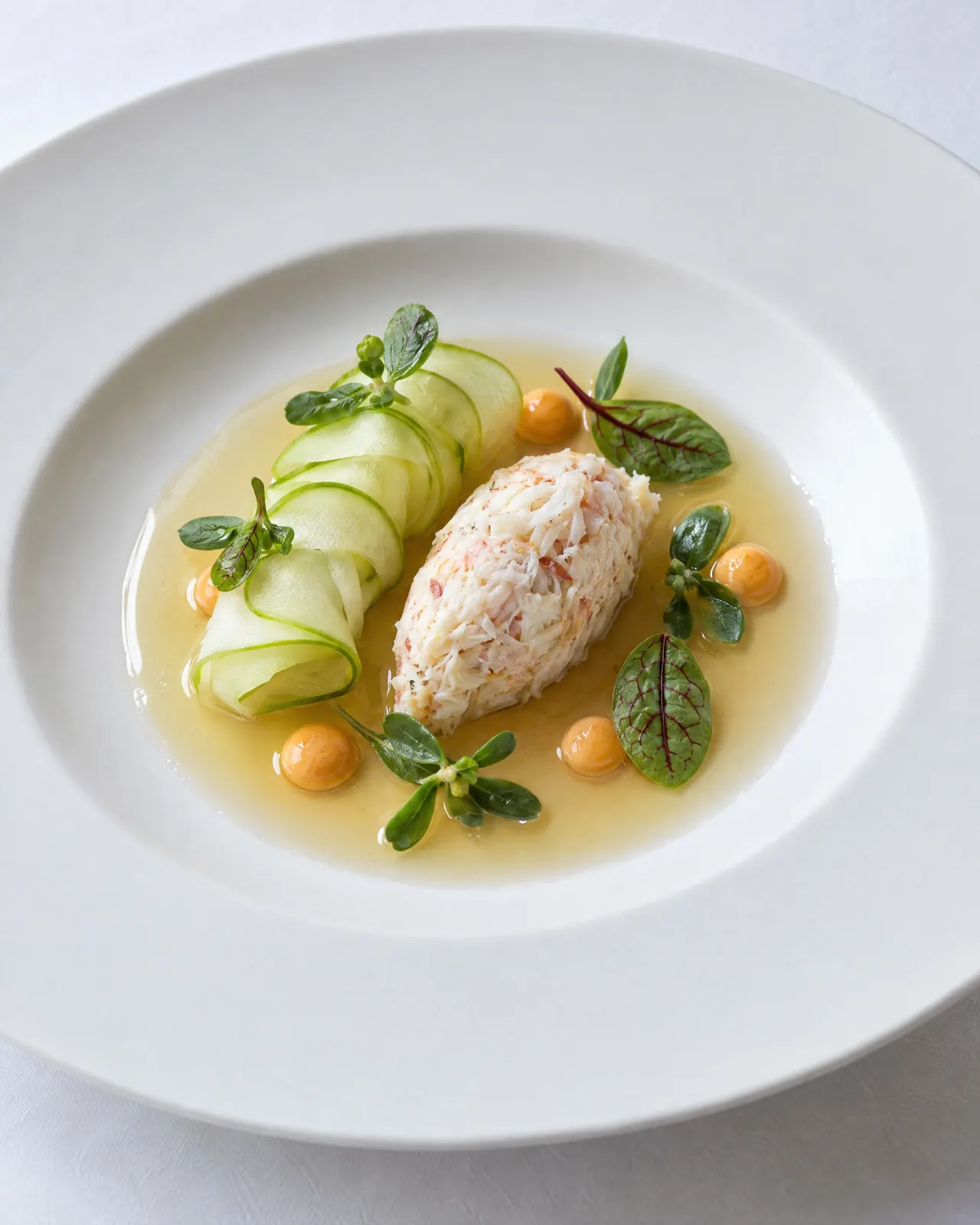 Tourteau en quenelle, rubans de pomme verte, oseille et pourpier dans un consommé froid, assiette creuse en porcelaine blanche